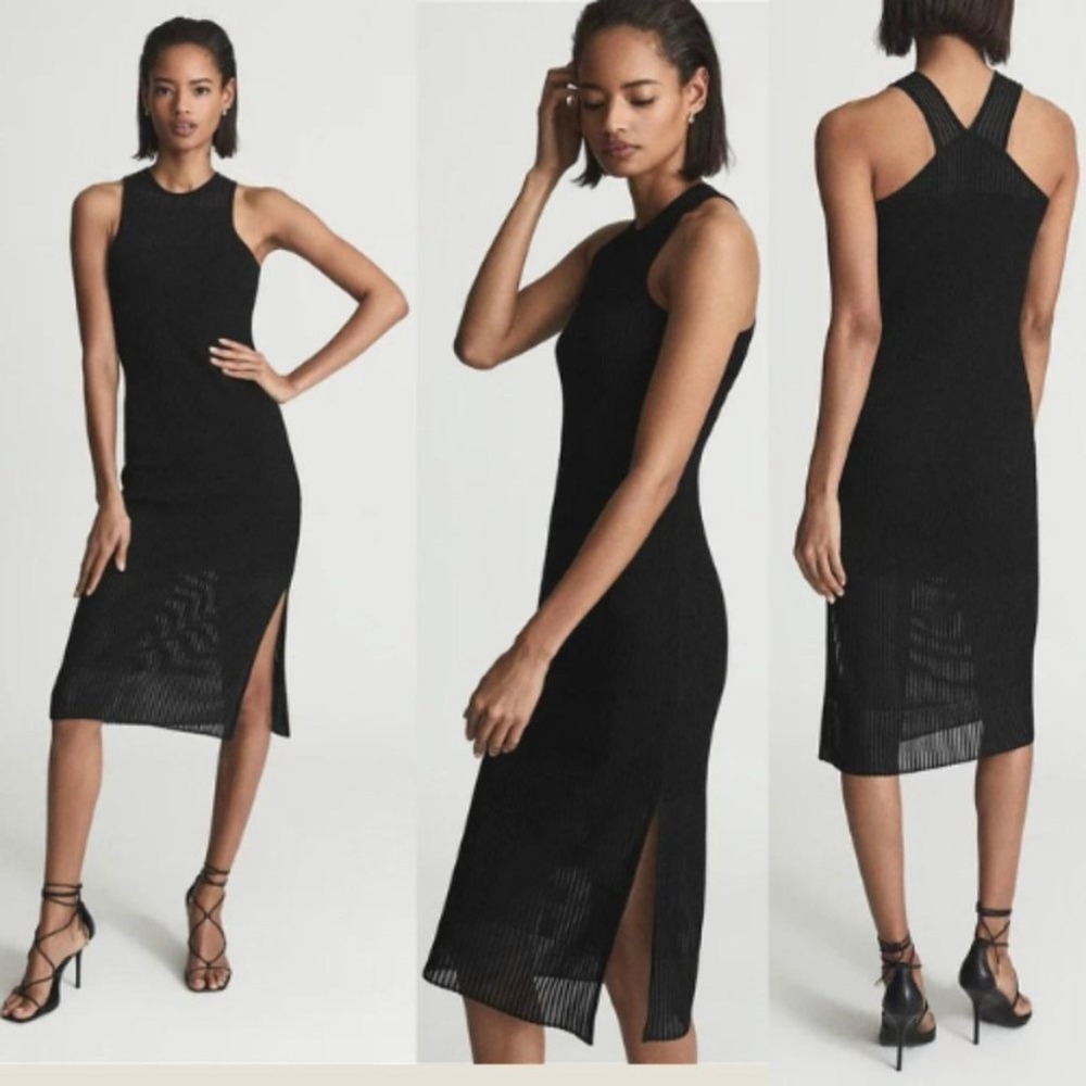 REISS‎ Aurelia Black Ribbed Knit Bodycon Midi Dress Sleeveless Racerback Slit S